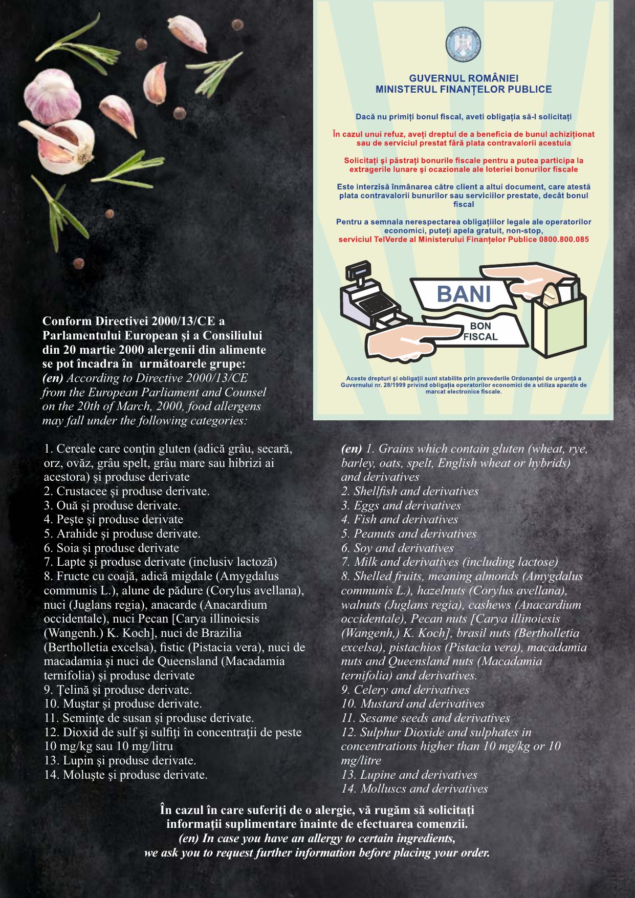Meniu Taverna Ceahlău - pagina 2: lista de alergeni