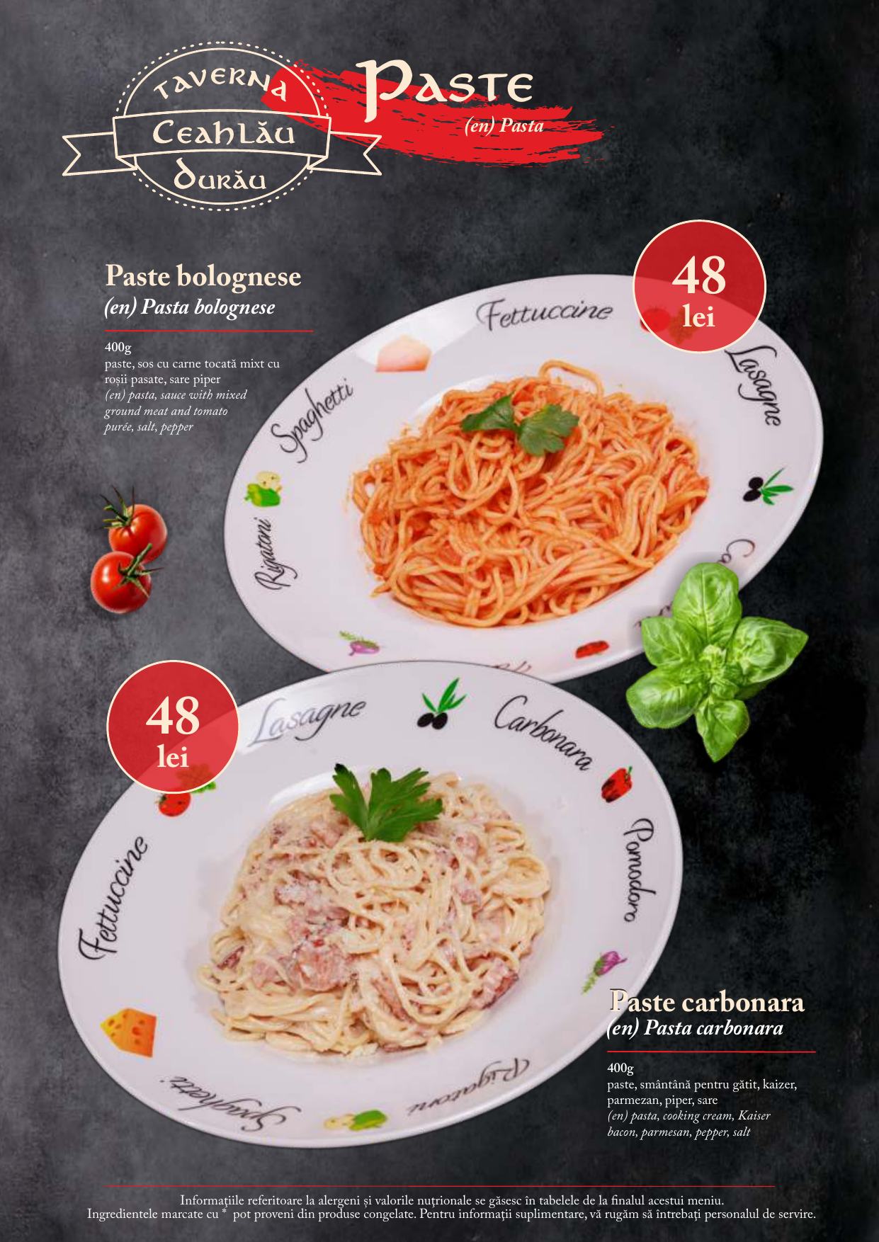 Meniu Taverna Ceahlău - pagina 15: Paste